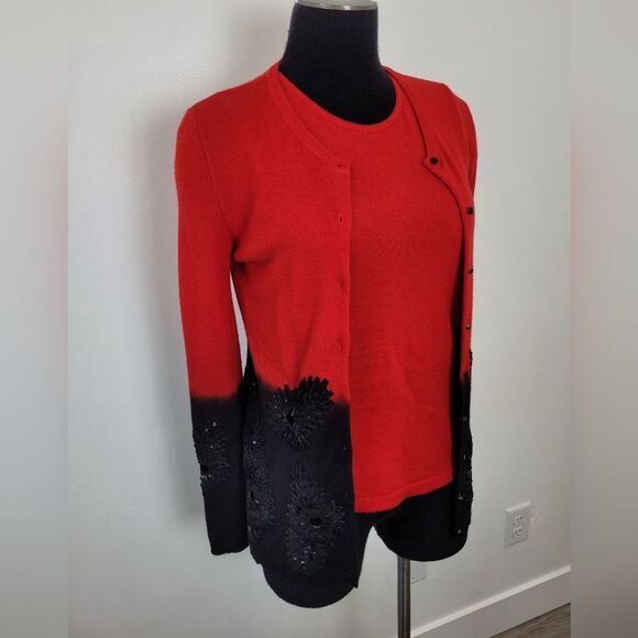 Oscar De La Renta Cardigan Sweater Set Cashmere Silk Red Black Floral Sequin - Picture 1 of 13